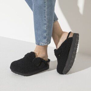 Birkenstock Papillio Boston Big Buckle Teddy Shearling Clogs Black Sz US 7 NWOB